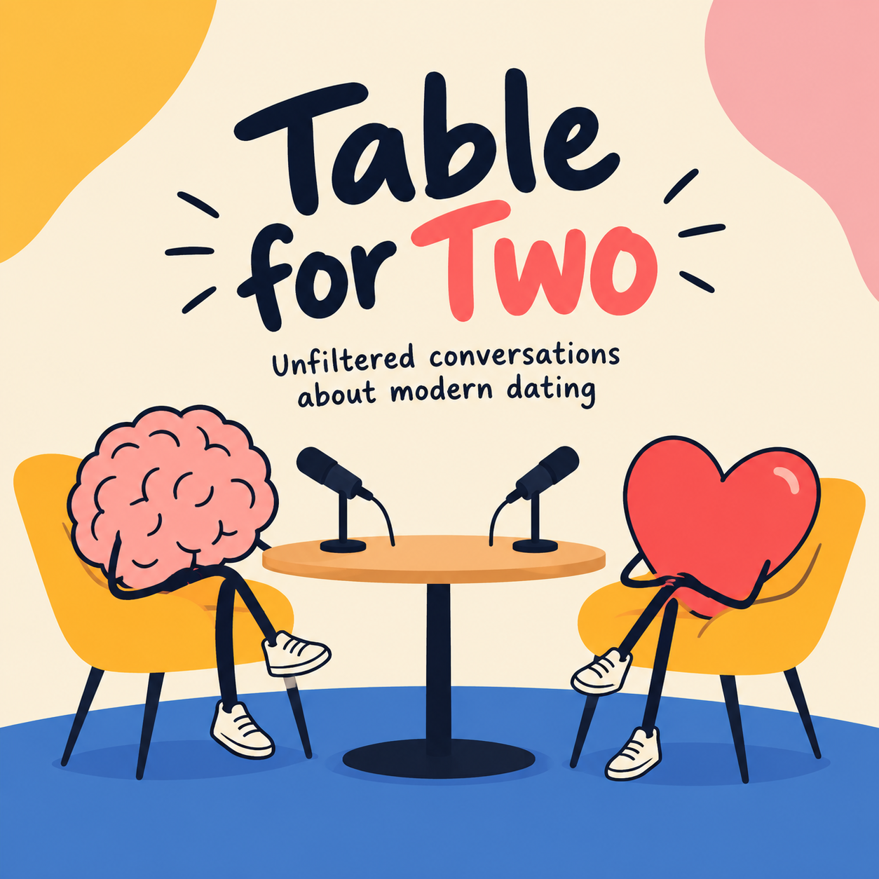 A brain and a heart having a conversation across a podcast table